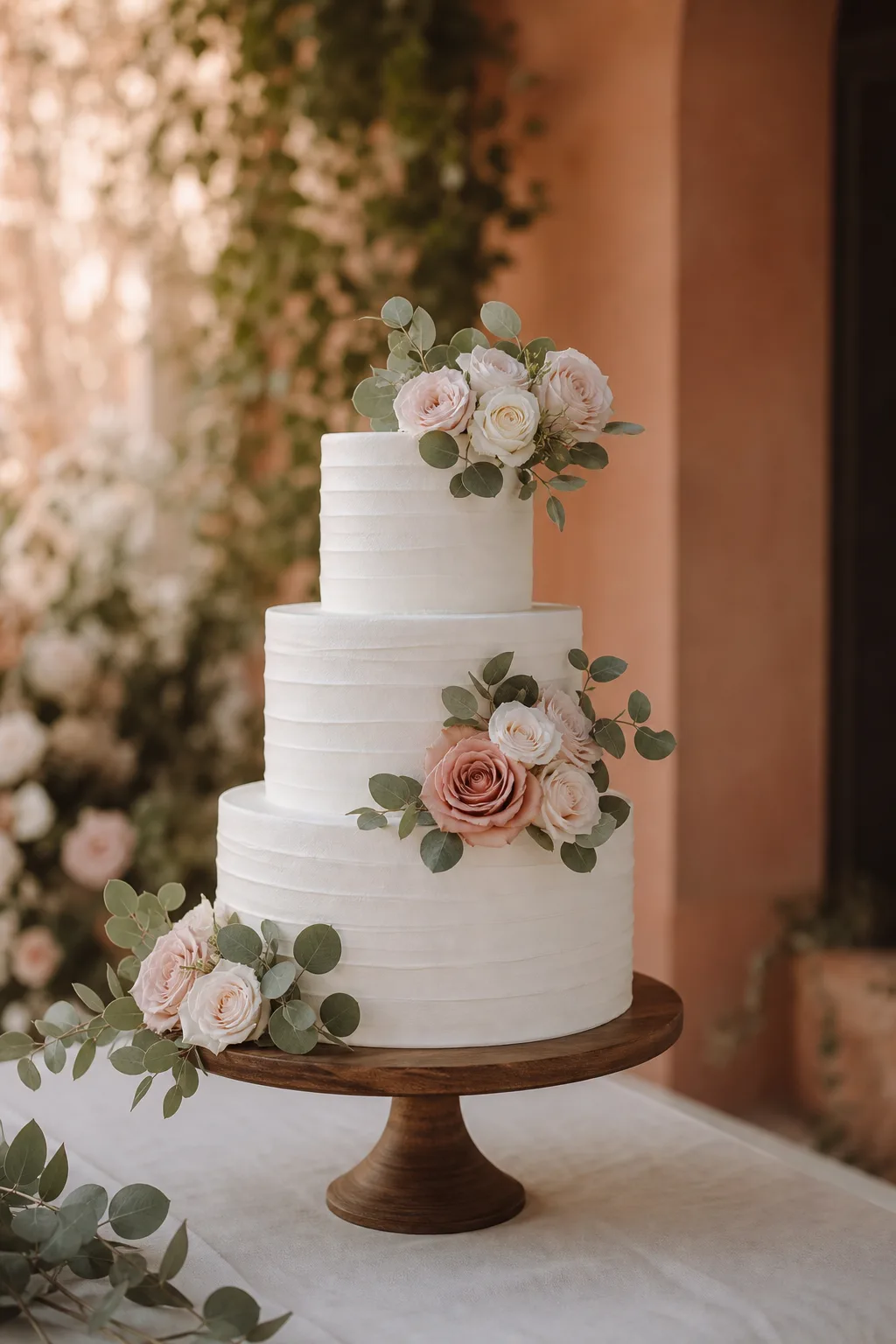 Multi-tier white wedding cake with blush roses