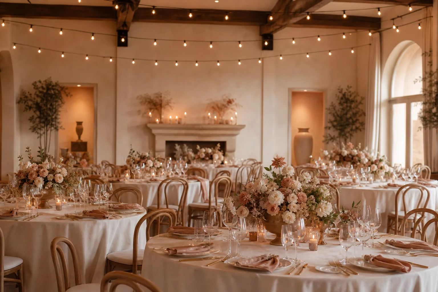 Wedding reception room set with round tables and string lights