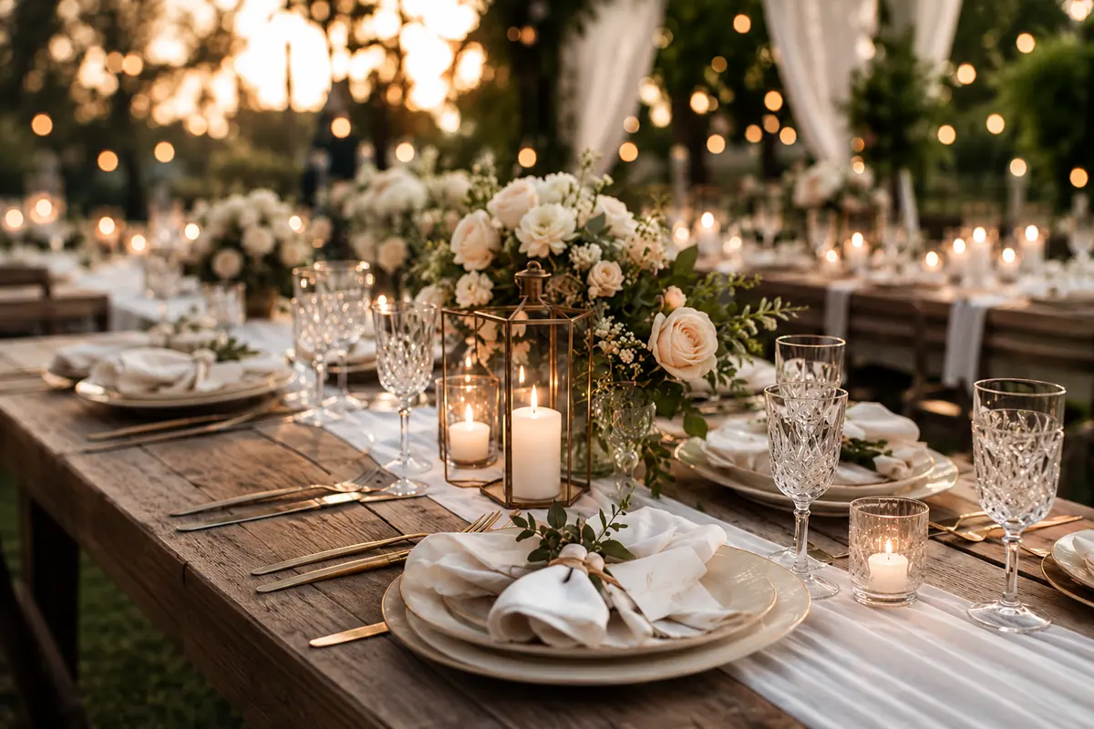 Candlelit outdoor wedding table with florals and string lights