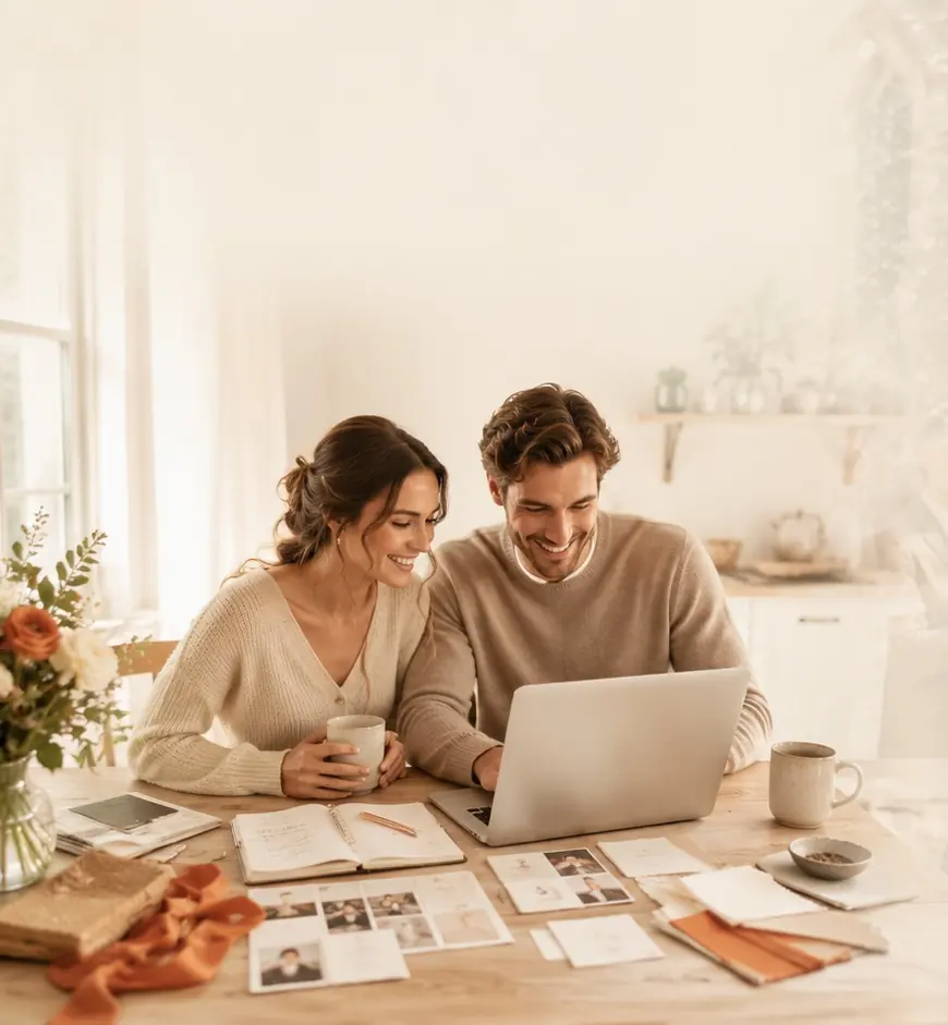 A couple sitting at their kitchen table, smiling as they plan their wedding together on a laptop.