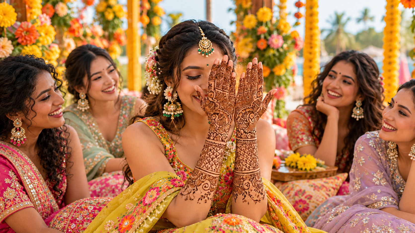 Joyful Mehndi Bride Surrounded by Friends.png