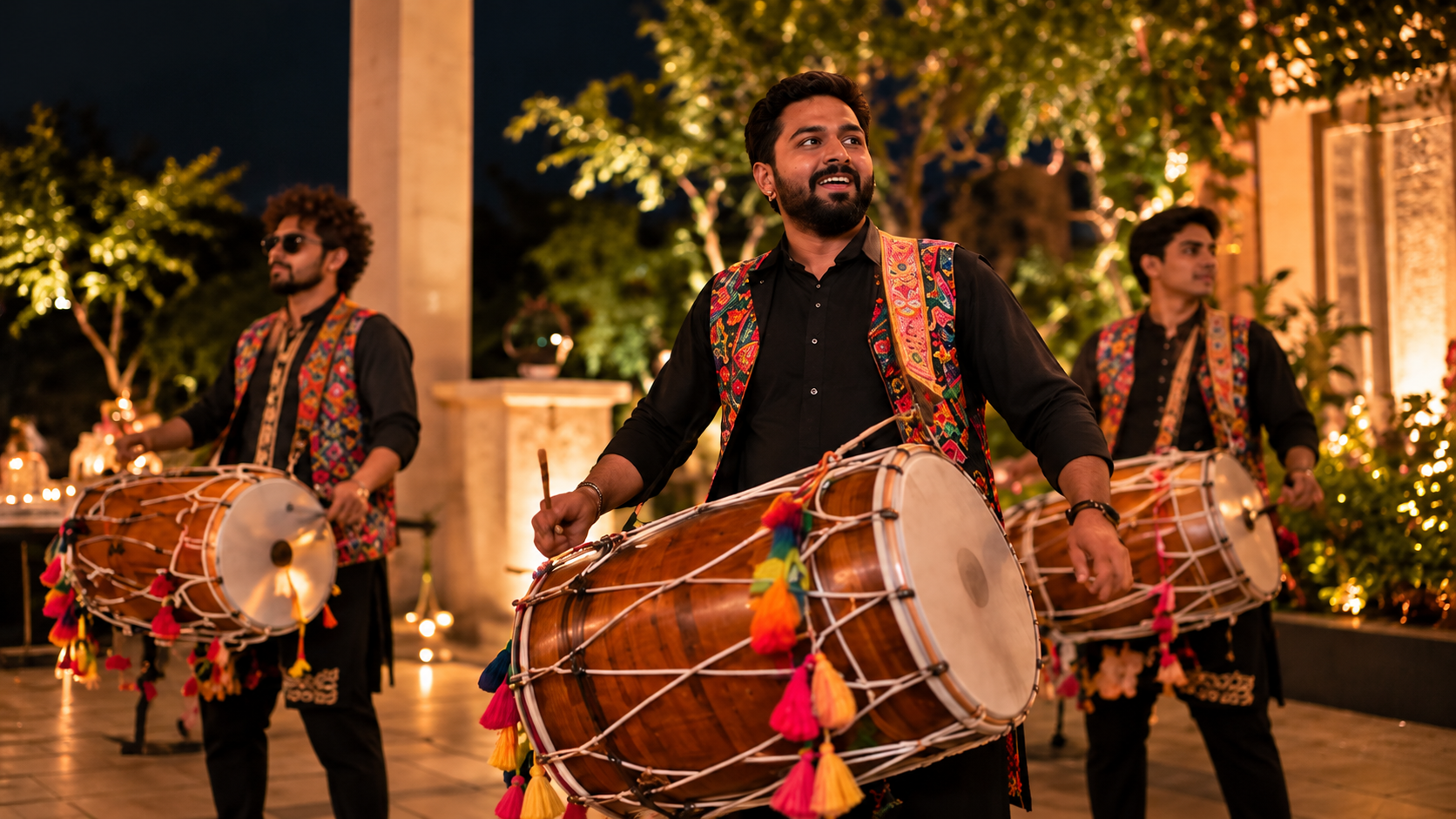 Festive Dhol Drummers Under Golden Lights.png