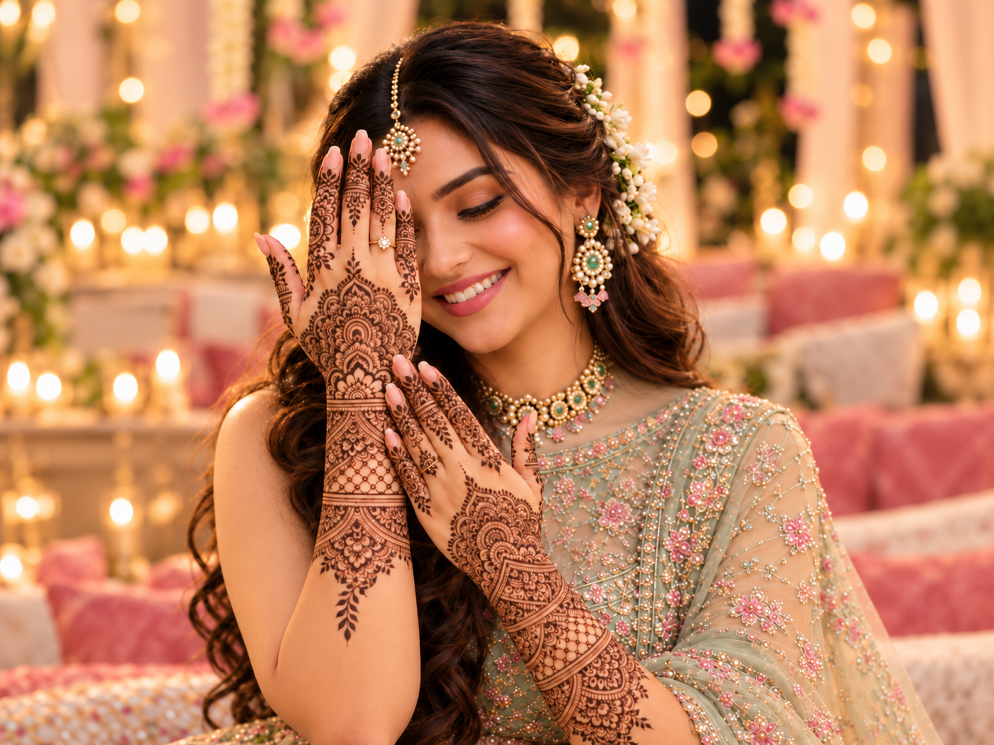 Blushing Mehndi Bride Amidst Golden Lights.png