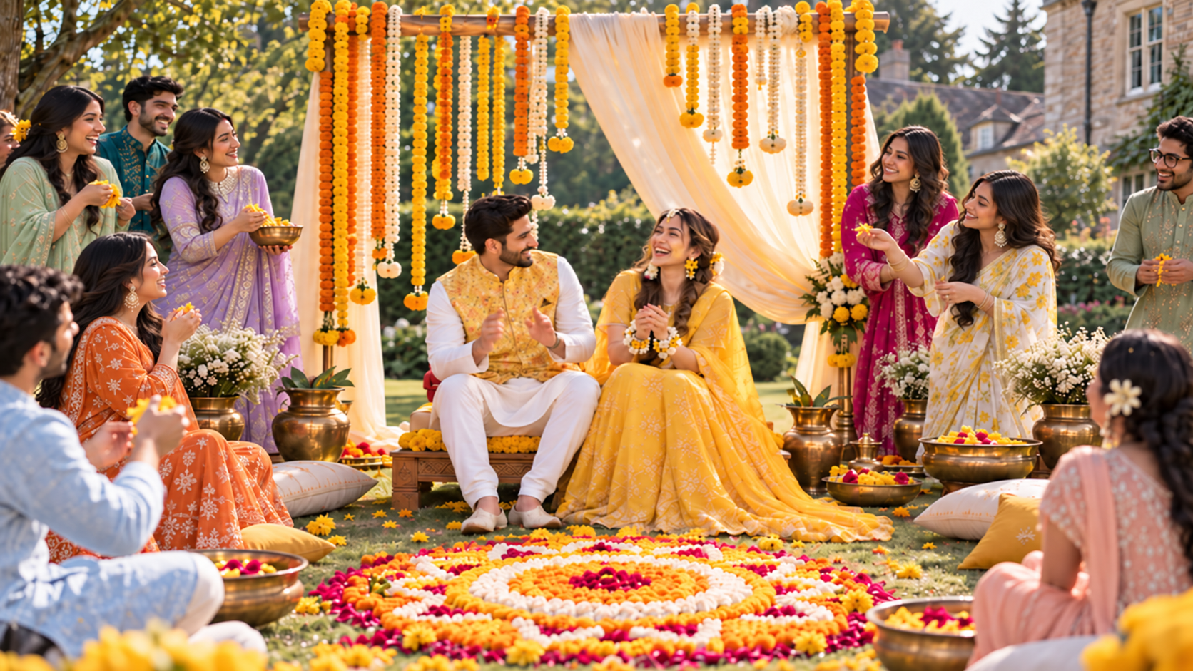 Sunlit Haldi Celebration Under Flowers.png